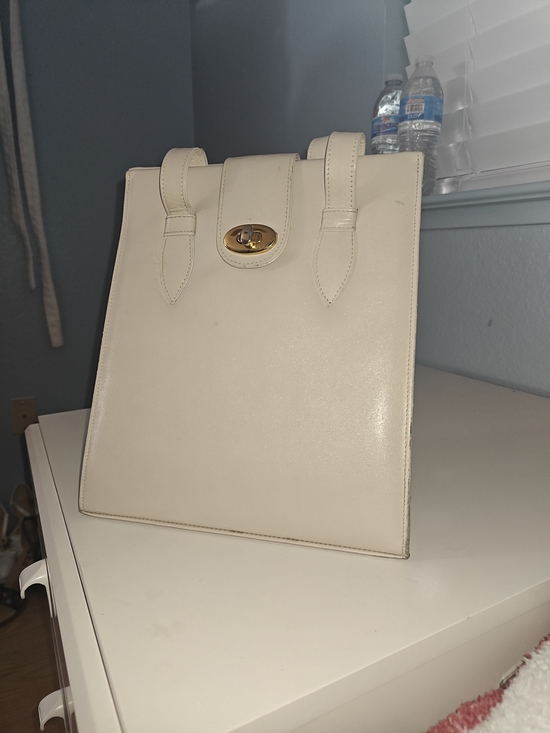 Handbags - Cream Leather Structured Top-Handle Bag with Gold Turn-Lock